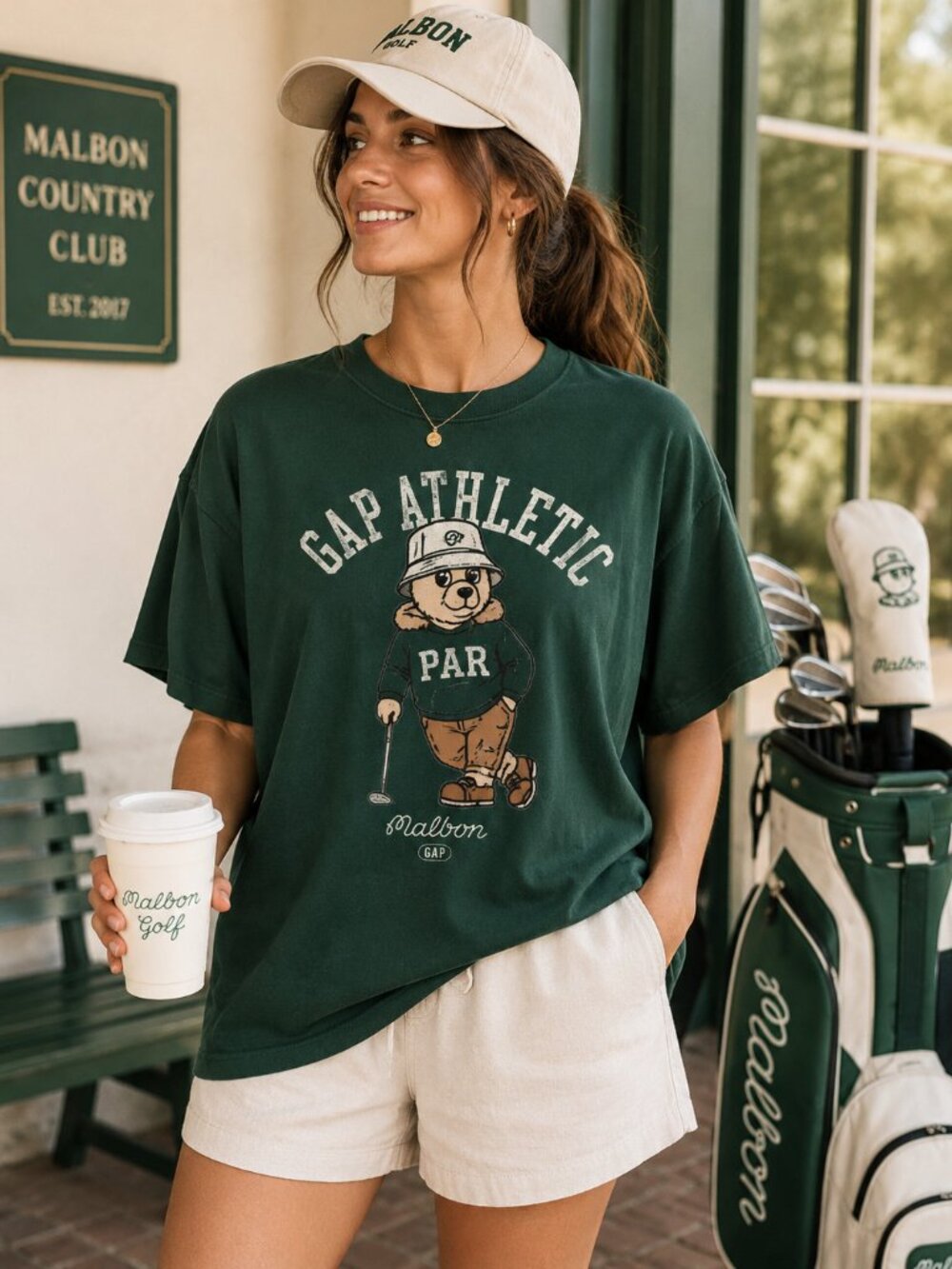 GAP x Malbon Athletic Bear Graphic T-Shirt Green 100% Cotton Size Small 1095